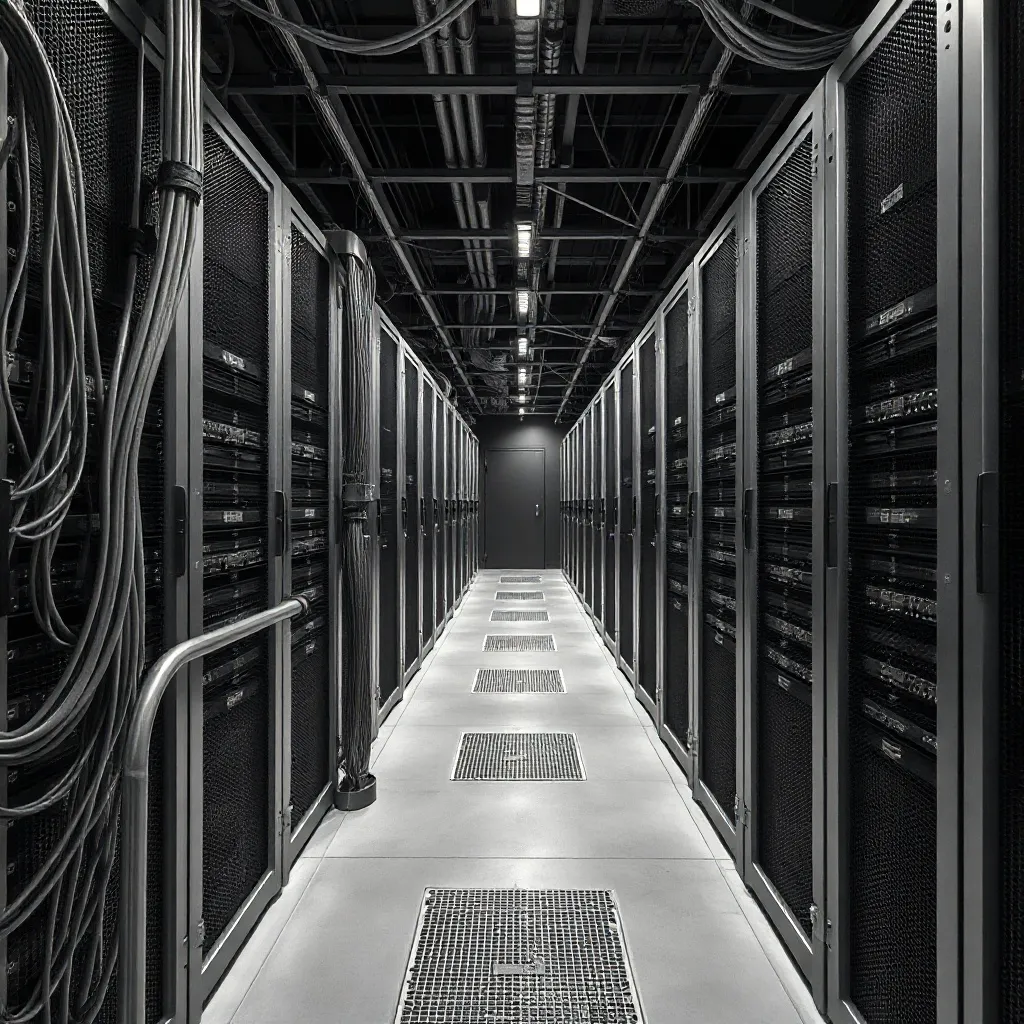 Abstract industrial server room with cables and technical eq